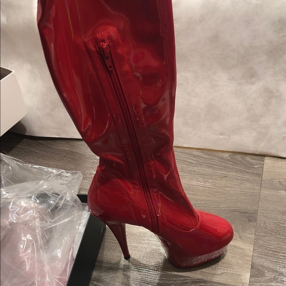 Pleaser Delight 3000 Hologram Red Patent Leather Thigh Over- Knee-High Boots New - Picture 10 of 11